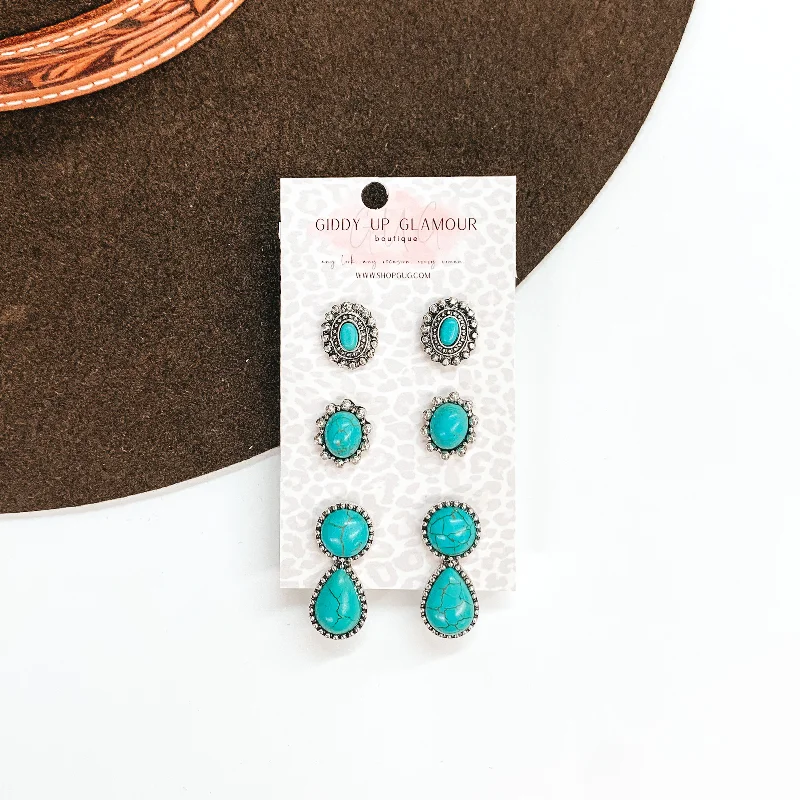 Women’s big hoop earrings-Mystical Dreamer Western Turquoise Stone Earring Set in Silver Tone