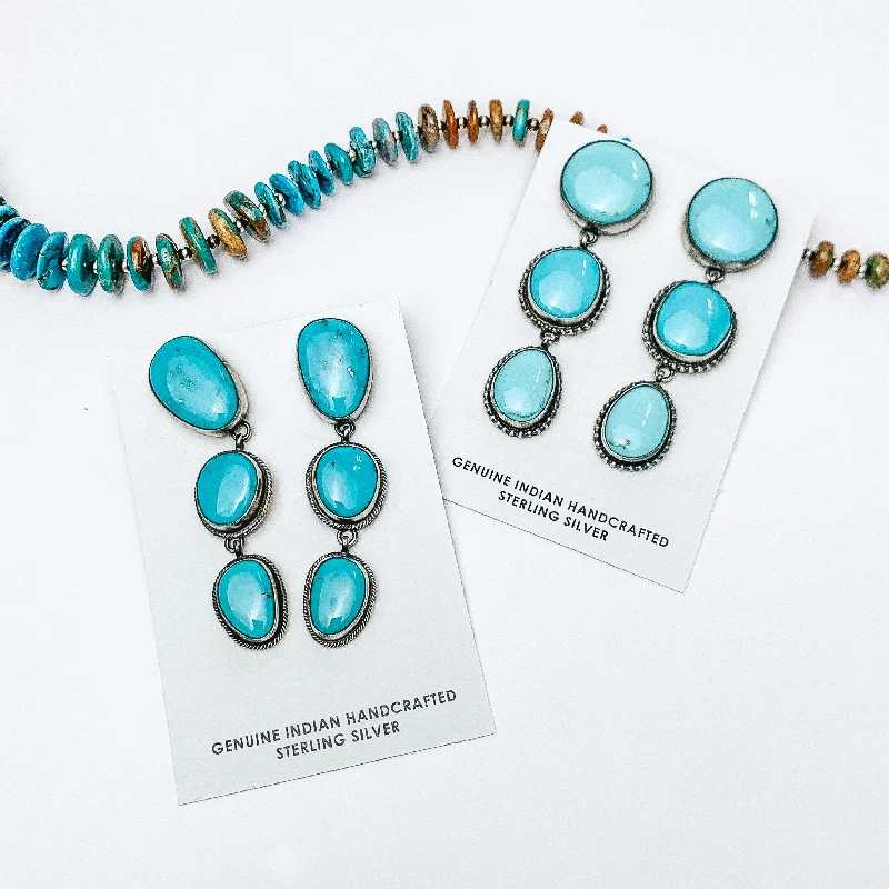 Women’s gemstone stud earrings-Sheryl Martinez | Navajo Handmade Sterling Silver Circle Drop Earrings with Three Kingman Turquoise Stones