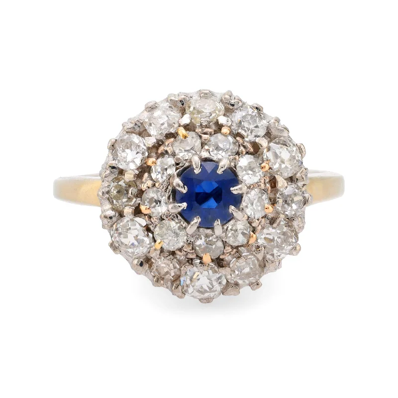 Women’s custom rings-Antique sapphire diamond 18k yellow gold cluster ring