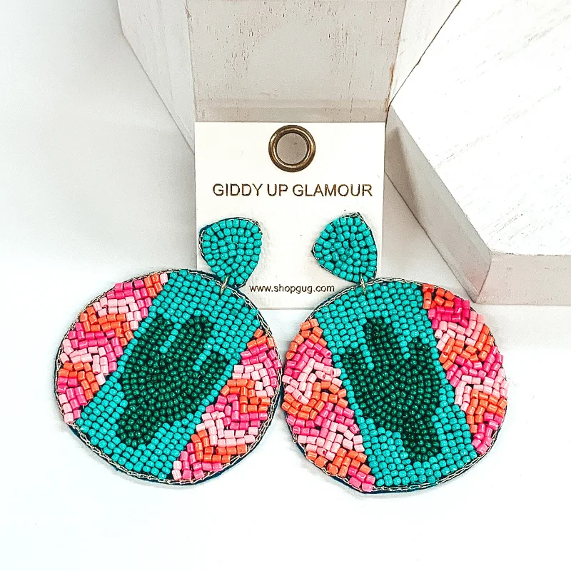 Women’s heart-shaped earrings-Chevron and Cactus Beaded Circle Drop Earrings in Turquoise