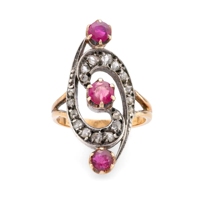 Women’s sterling silver promise rings-Belle Époque French ruby diamond 18k yellow silver ring