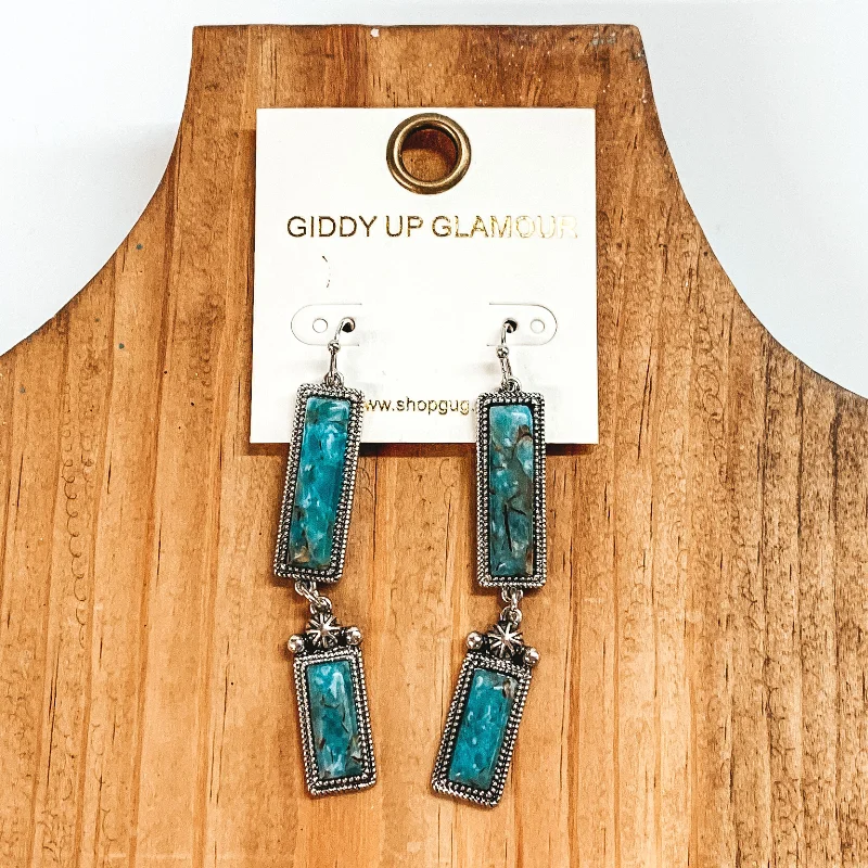 Women’s birthstone earrings-Two Rectangle Drop Earrings with Faux Turquoise Stones in Silver Tone