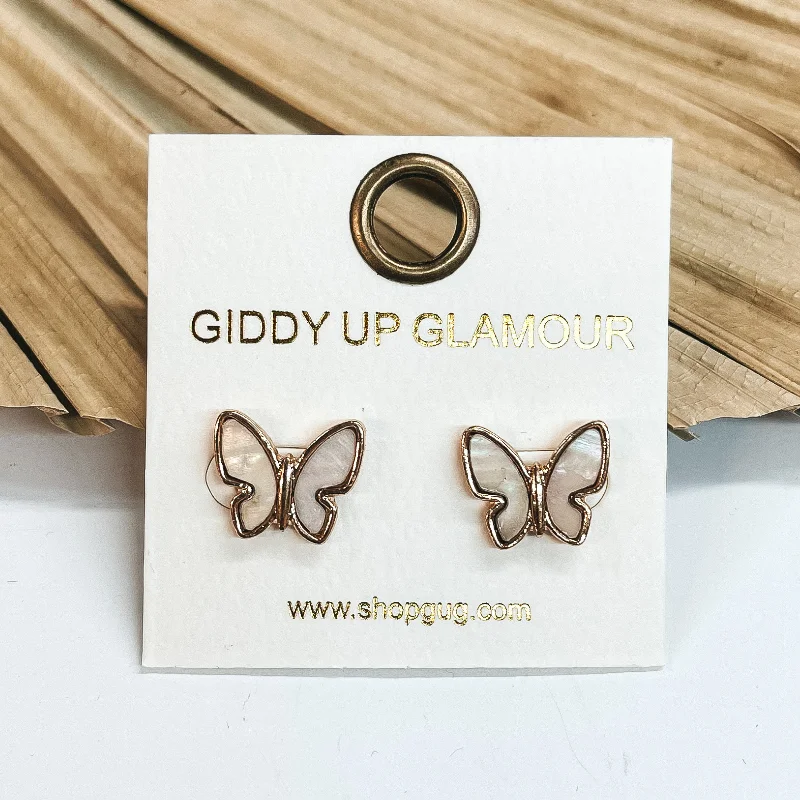 Women’s minimalist gold earrings-Mother of Pearl Gold Butterfly Stud Earrings