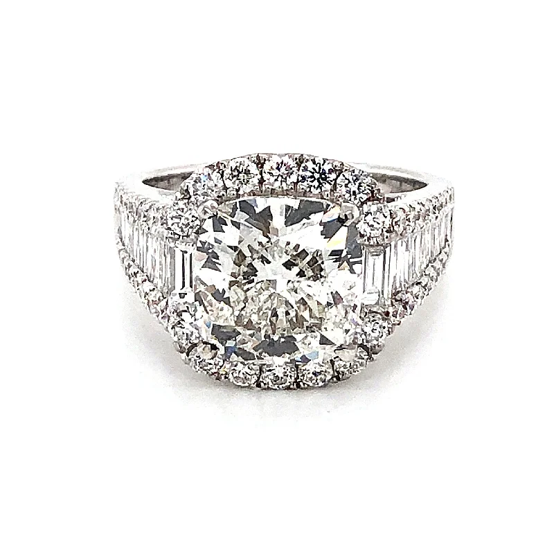 Women’s promise rings-Cushion Cut Solitaire Halo Ring with Baguette and Round side Diamonds