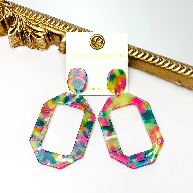 Women’s stud earrings-Malibu Marble Open Rectangle Earrings in Pink and Green Multicolor