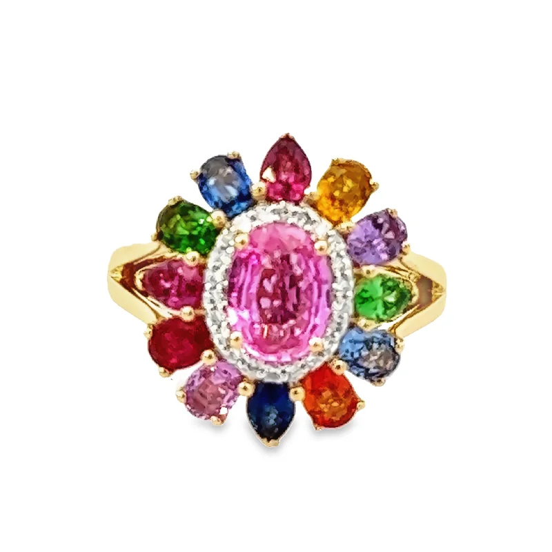 Women’s chunky rings-Rainbow Sapphire & Diamonds Ring with Oval Center Pink Sapphire