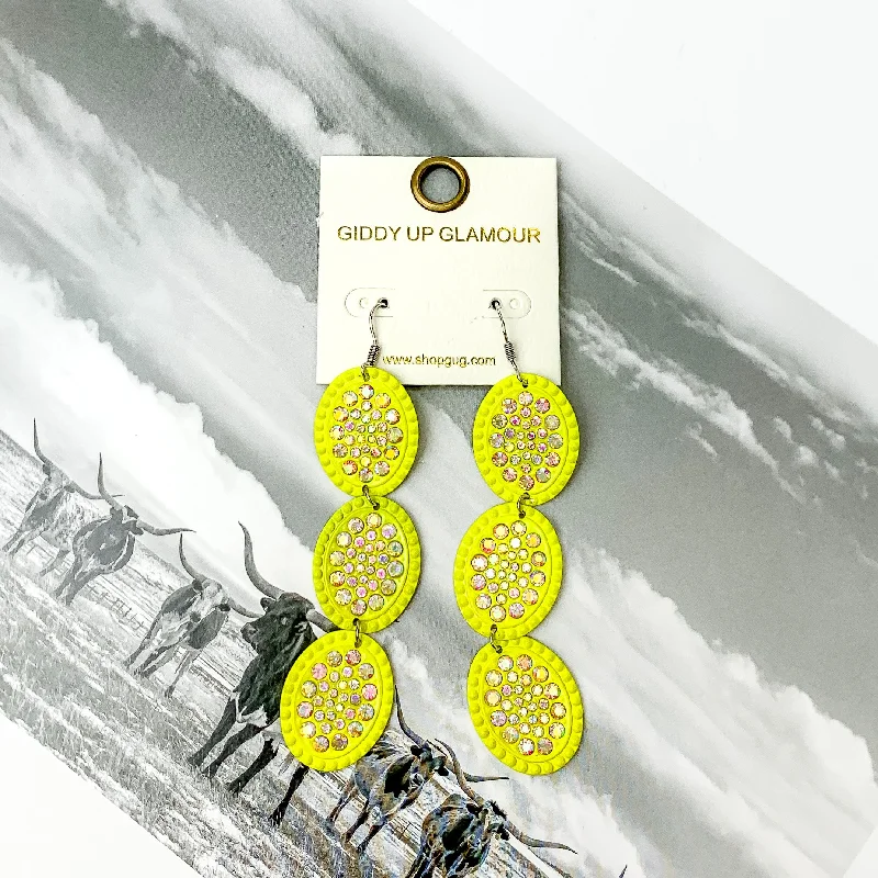 Women’s oversized earrings-Three Tier Neon Yellow with AB Crystal Oval Dangle Earrings