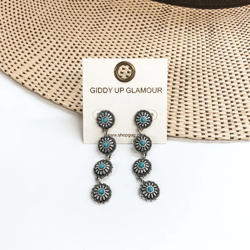 Women’s drop earrings-Small Western Flower Concho Drop Earrings with Turquoise Stones in Silver