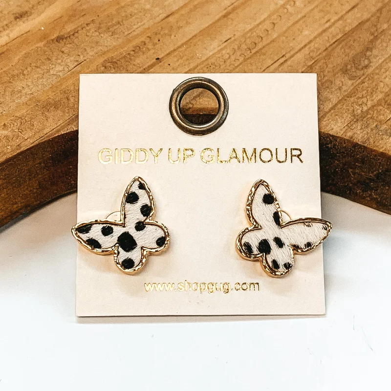 Women’s teardrop earrings-Gold Post Butterfly Earrings in White Dotted Print