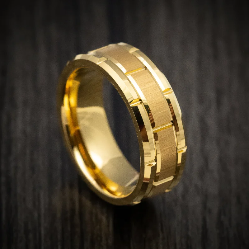 Yellow Gold Tungsten Men's Ring with Brick Design Custom Made Band