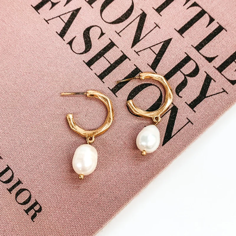 Women’s drop earrings with gemstones-Special Occasion Hoop Earring with Pearl Dangle in Worn Gold Tone