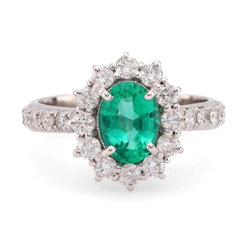 Women’s geometric rings-GIA 1 carat oval cut emerald diamond 18k white gold cluster ring