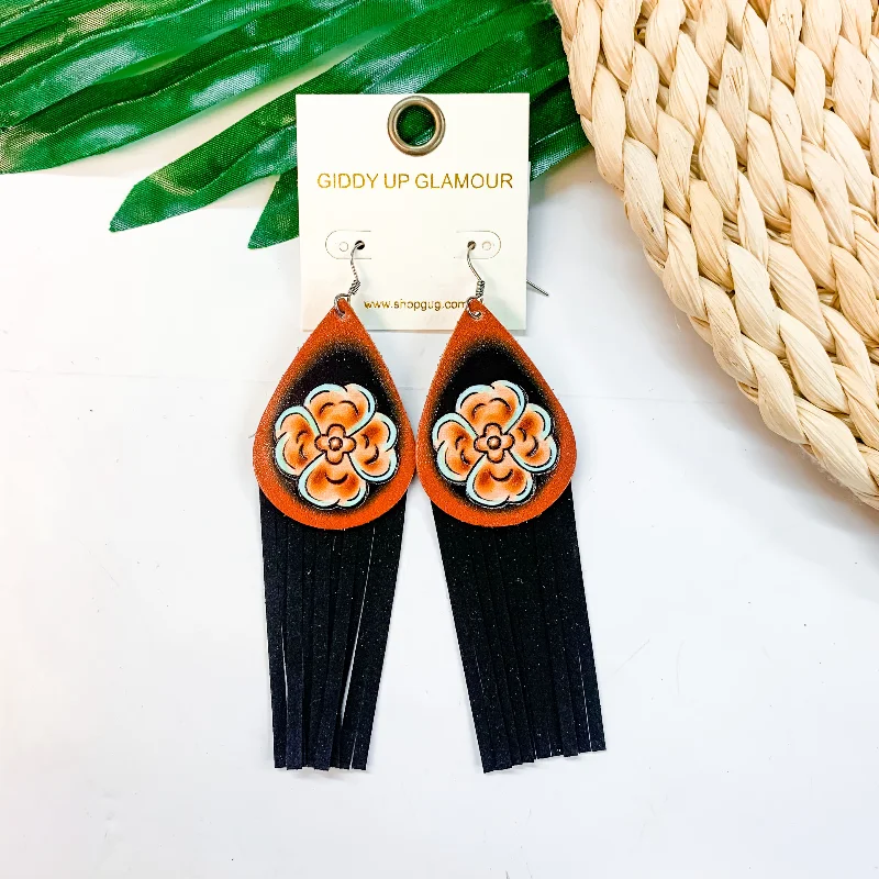 Women’s layered earrings-Leather Teardrop Earrings With Tassels in Black