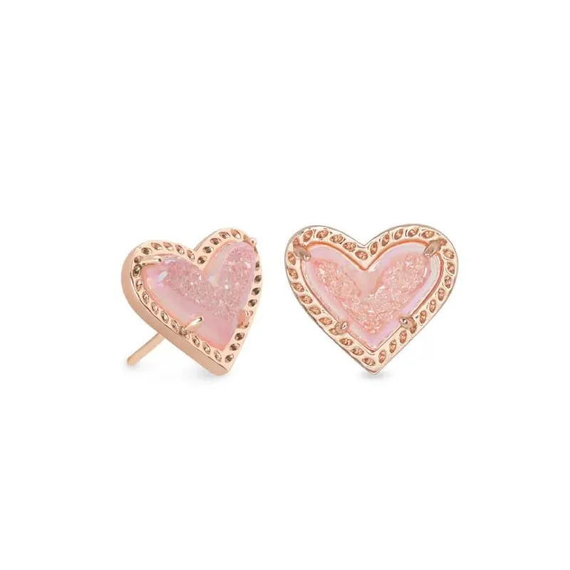 Women’s heart-shaped stud earrings-Kendra Scott | Ari Heart Rose Gold Stud Earrings in Light Pink Drusy