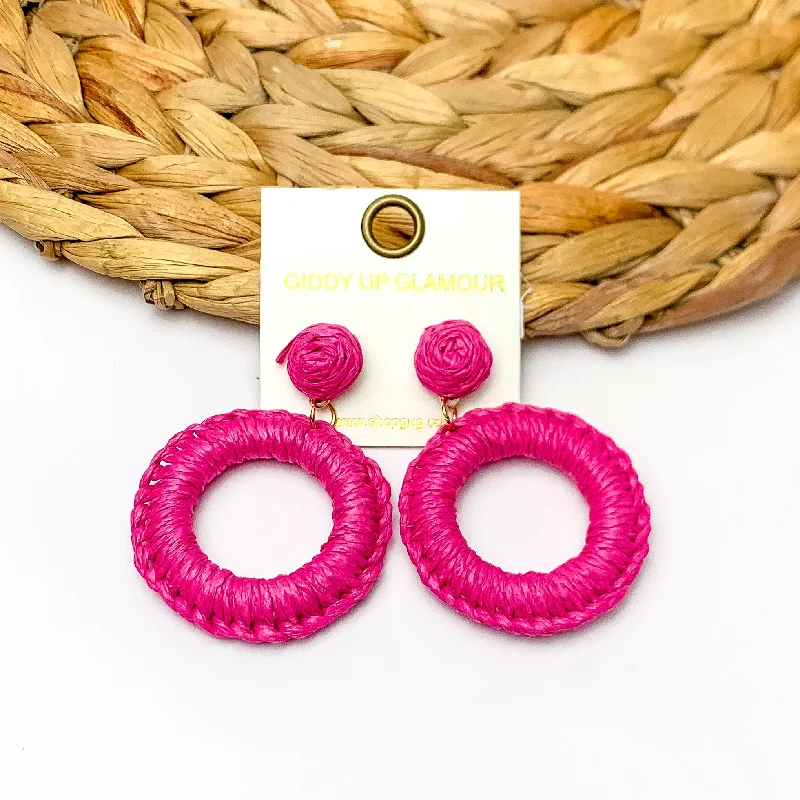 Women’s double hoop earrings-Beachside Café Raffia Wrapped Circle Earrings in Fuchsia Pink