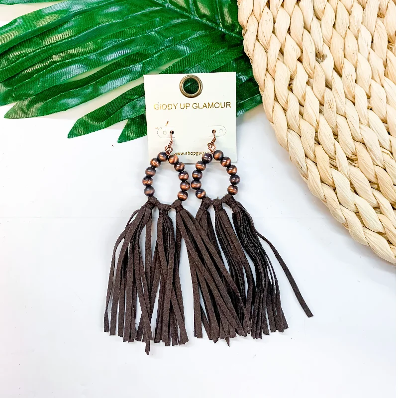 Women’s double hoop earrings-Feelin' Fabulous Navajo Teardrop Earrings With Leather Tassels in Copper Tone and Brown