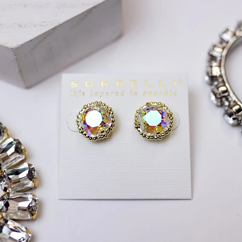 Women’s silver earrings-Sorrelli | Cushion Cut Solitaire Stud Earrings in Bright Gold Tone and Aurora Borealis