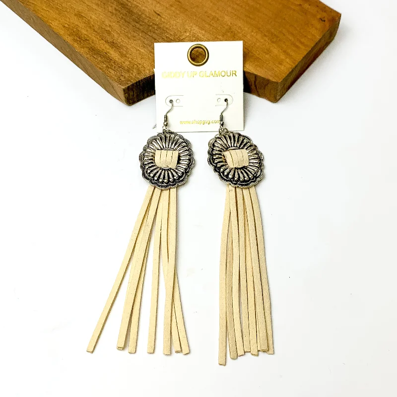 Women’s rose gold earrings-Silver Tone Concho Dangle Earrings with Ivory Tassels