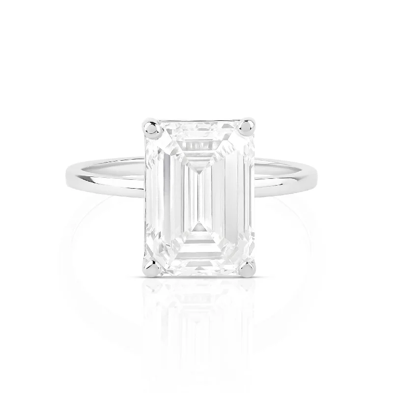 Women’s men’s style rings-Emerald Cut Lab Diamond on Thin Solid Band Ring - IGI Certified