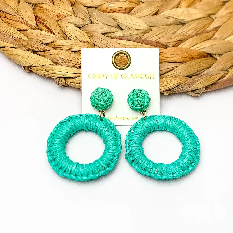 Women’s vintage diamond earrings-Beachside Café Raffia Wrapped Circle Earrings in Turquoise Green