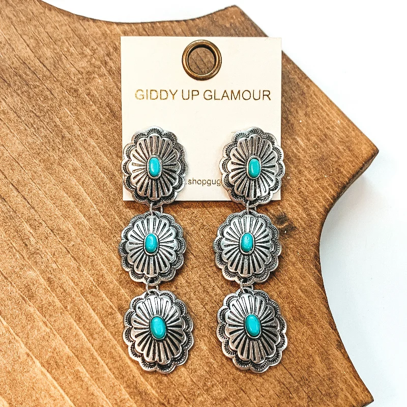 Women’s silver chandelier earrings-Concho Drop Earrings with Turquoise Stones in Silver