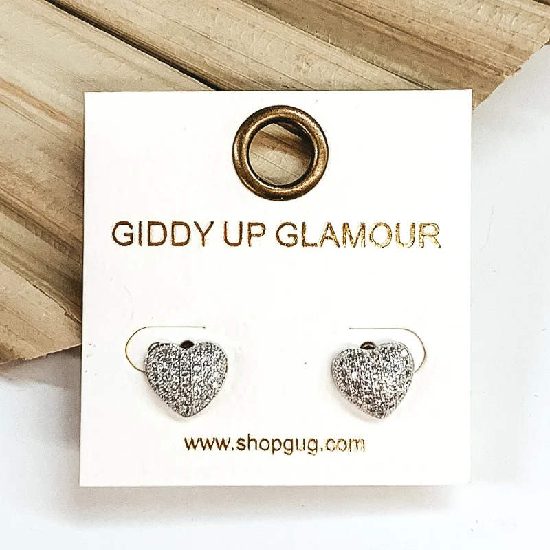 Women’s gemstone stud earrings-Clear CZ Crystal Heart Stud Earrings in Silver