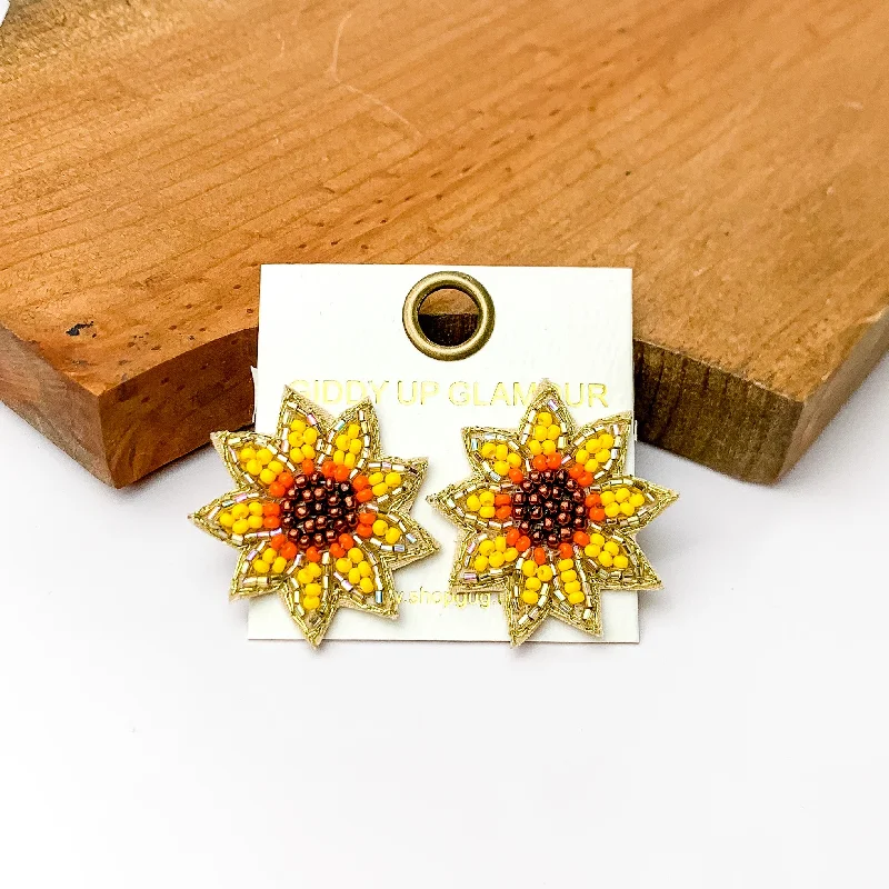 Women’s boho earrings-Summertime Beaded Sunflower Earrings