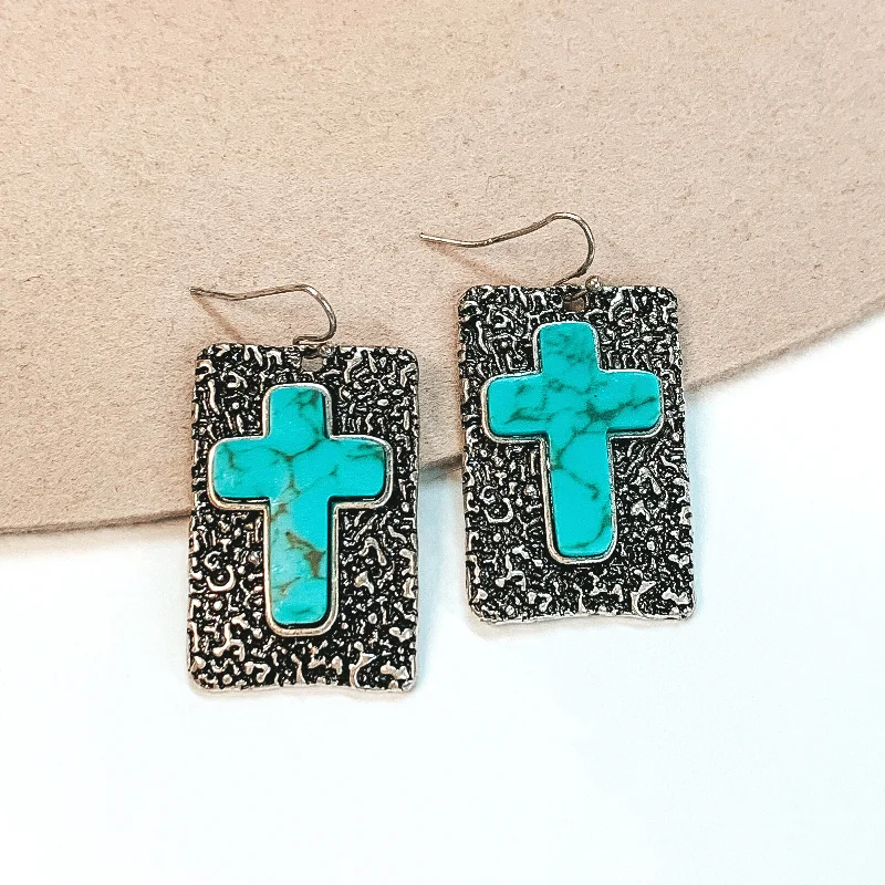 Women’s onyx earrings-Silver Rectangle Drop Earrings with Cross Stone in Turquoise