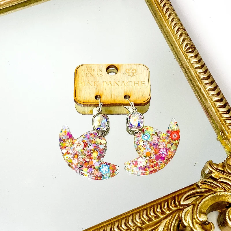 Women’s vintage earrings-Pink Panache | AB Cushion Cut Drop Earrings with Multicolor Glitter Acrylic Cowboy Hat Pendant