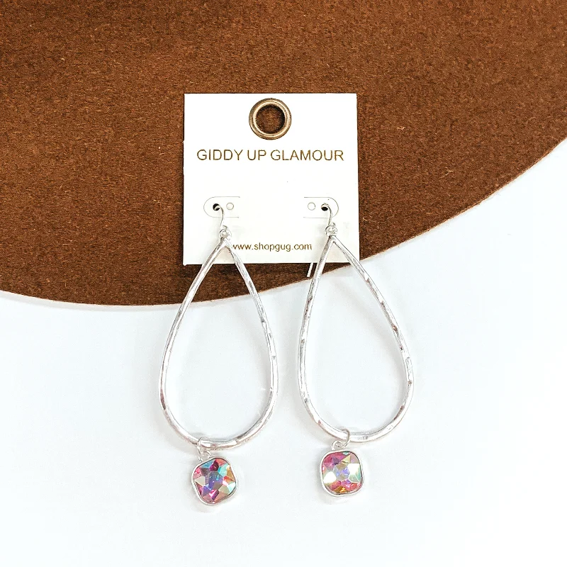 Women’s zirconia earrings-Large Hammered Teardrop Earrings with AB Hanging Crystal in Silver