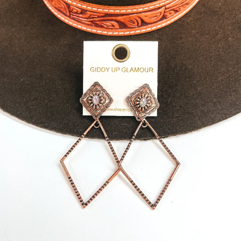 Women’s designer earrings-Point of Pretty Diamond Concho Post Earrings with AB Crystals and Diamond Drop in Copper Tone