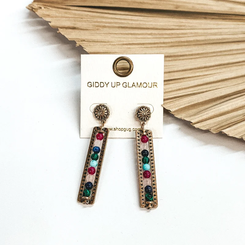 Women’s artistic earrings-Friendly Ties Gold Concho Post Earrings with Stone Beaded Rectangle Bar Drop in Multicolor