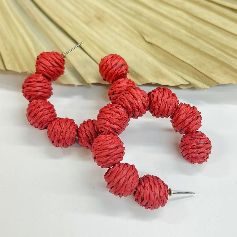 Women’s gold stud earrings-Raffia Ball Hoop Earrings in Red