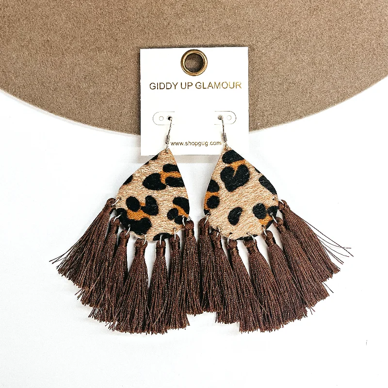 Women’s vintage diamond earrings-Leopard Teardrop Earrings with Tassel Trim in Brown