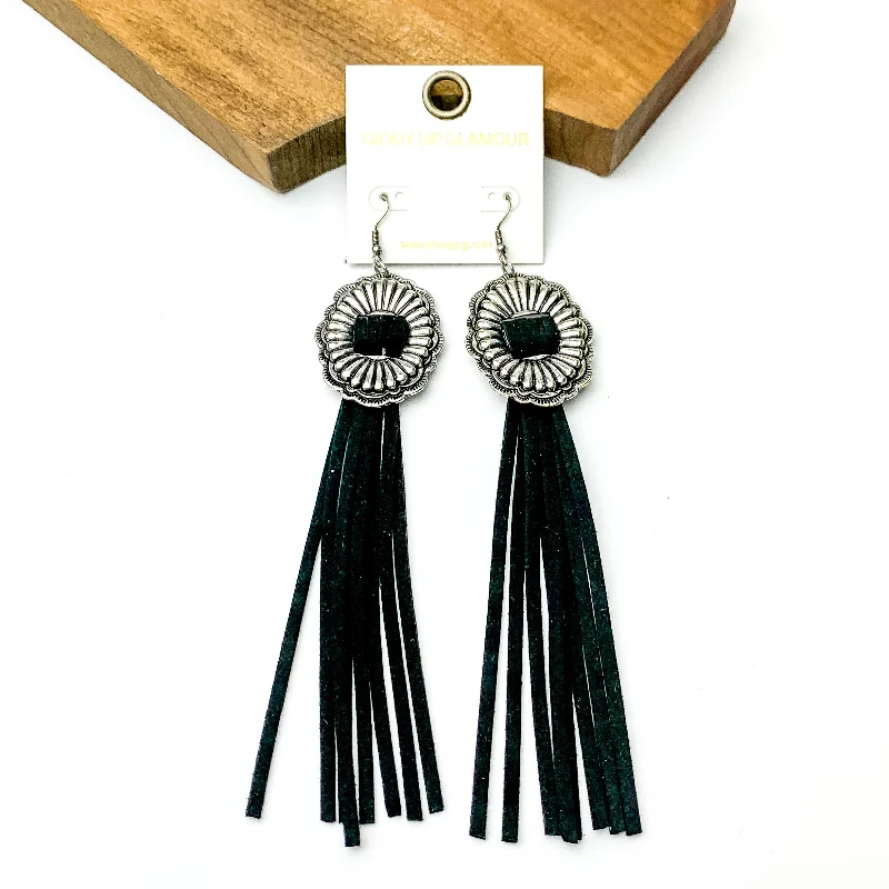 Women’s personalized earrings-Silver Tone Concho Dangle Earrings with Black Tassels