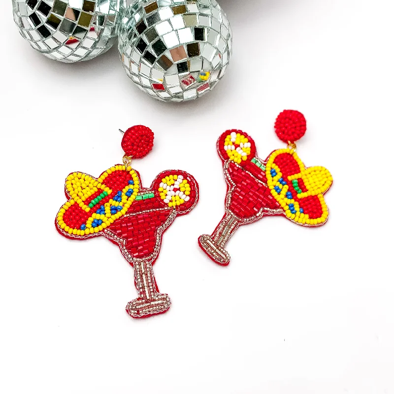 Women’s silver chandelier earrings-Cocktail Glass in Red with a Sombrero Hat Earrings