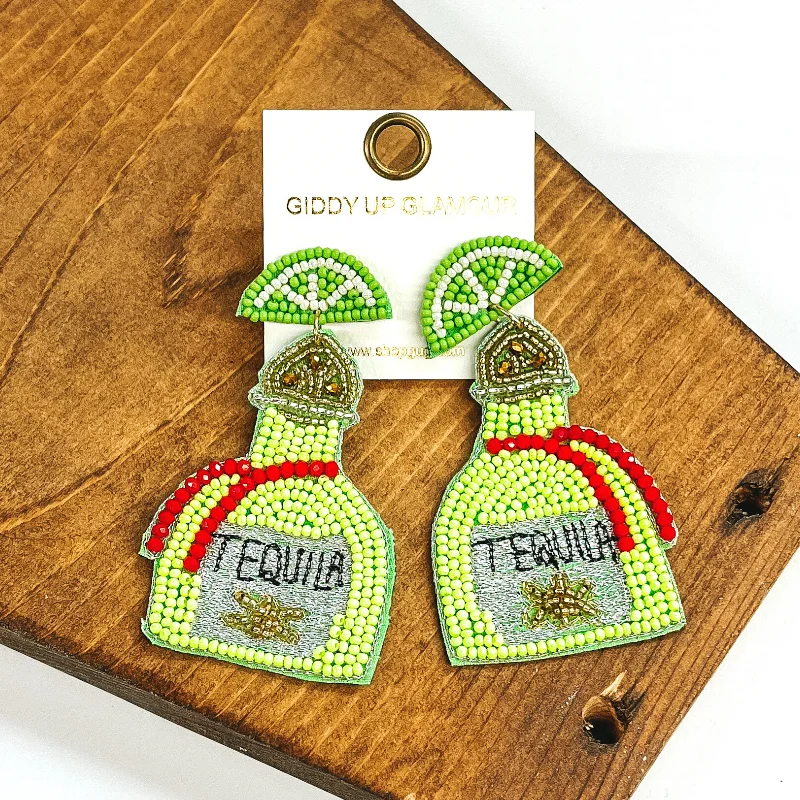 Women’s onyx earrings-Beaded Tequila Bottle with Lime Studs in Lime Green