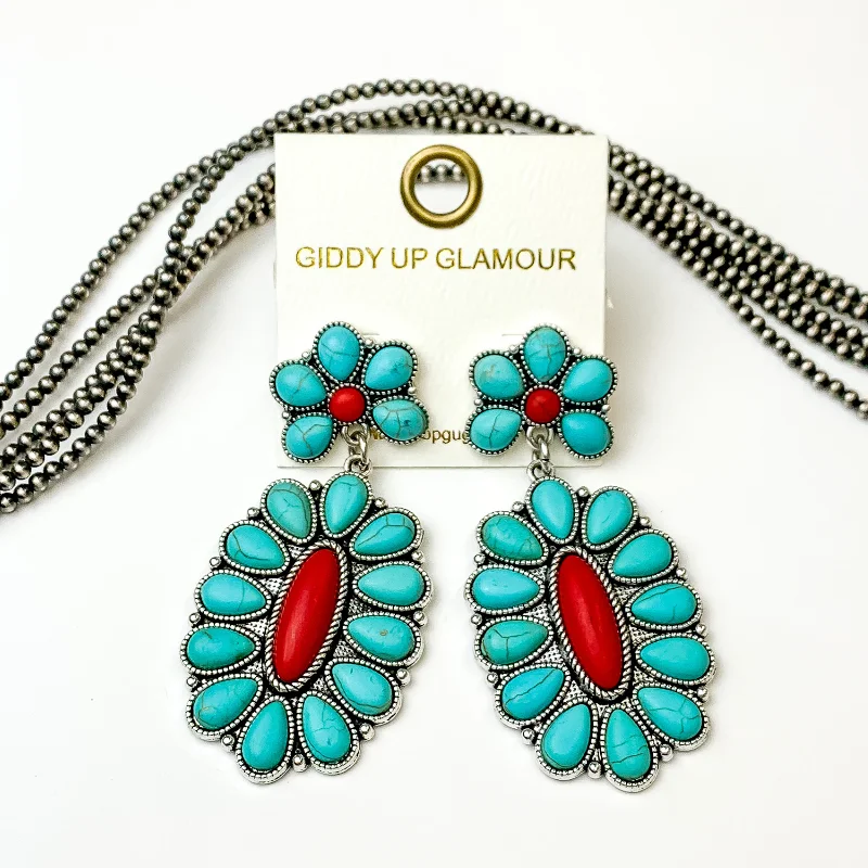 Women’s high-fashion earrings-Turquoise and Red Stone Oval Flower Earrings