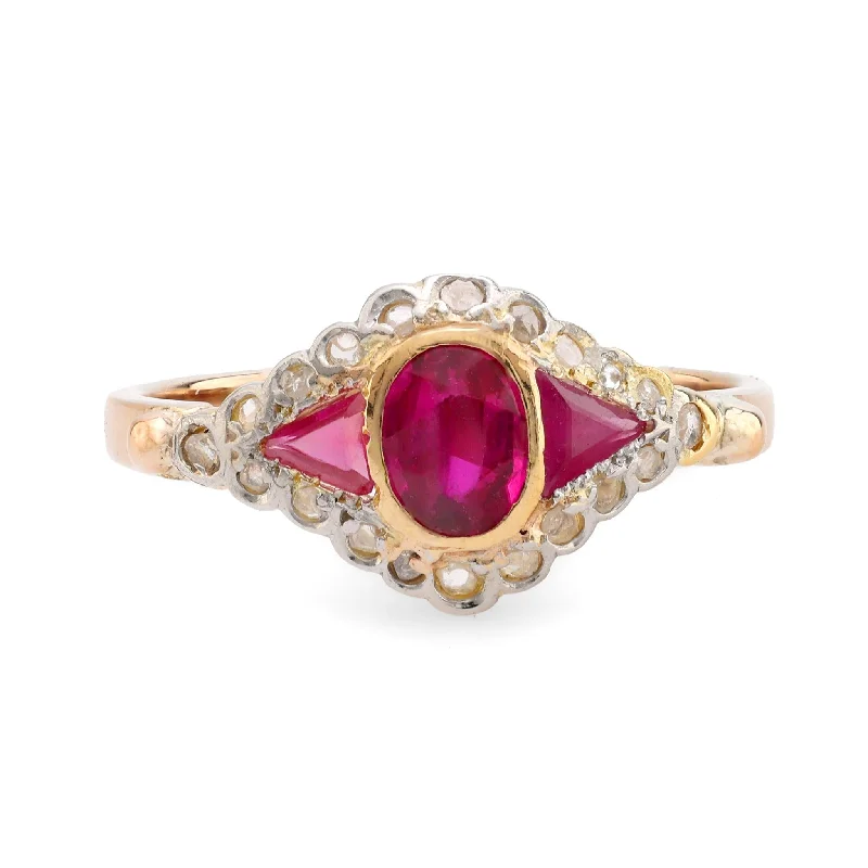 Women’s designer rings-Antique synthetic ruby diamond 18k yellow gold ring