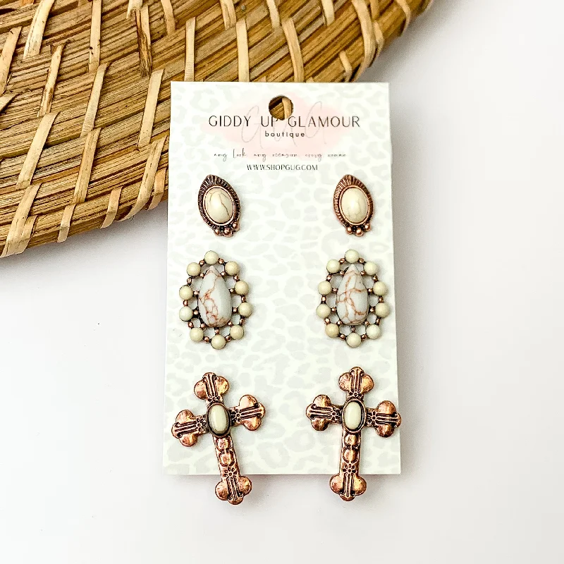 Women’s crystal dangly earrings-Set Of Three | Multiple Ivory and Copper Tone Designed Stud Earrings