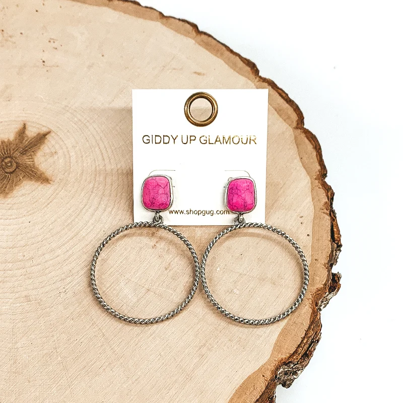 Women’s gold dangly earrings-Soulful Look Circle Drop and Stone Post Silver Earrings in Pink