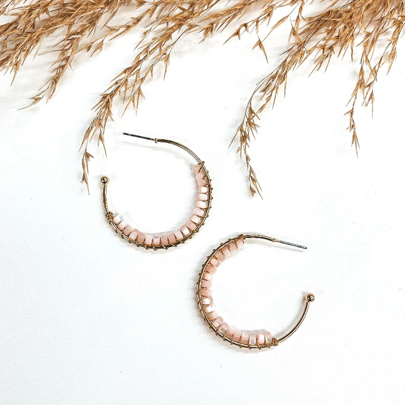 Women’s chain earrings-Oceans Away Open Ended Circle Hoops with Mother of Pearl Beads in Pink