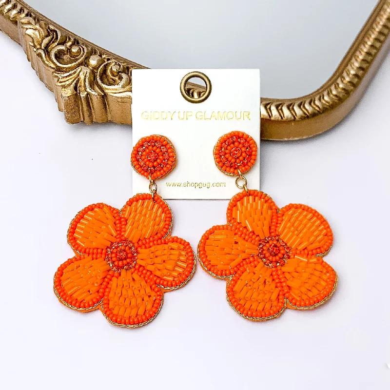 Women’s silver hoop earrings-Beaded Flower Earrings in Orange with Crystal Stones