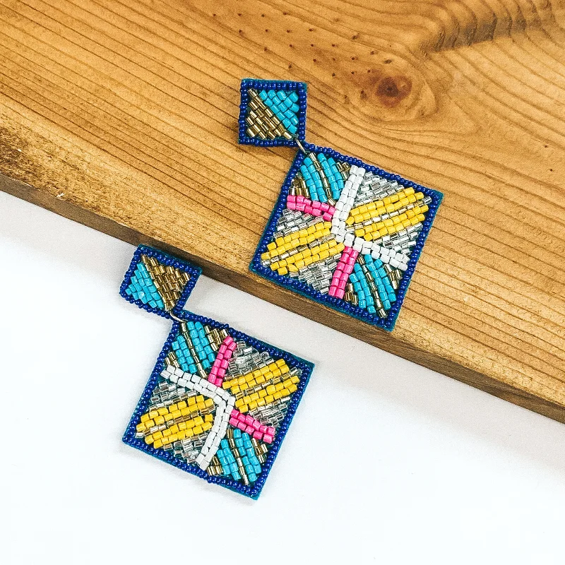 Women’s birthstone hoop earrings-Resort Life Beaded Square Drop Earrings with Irregular Design in Blue