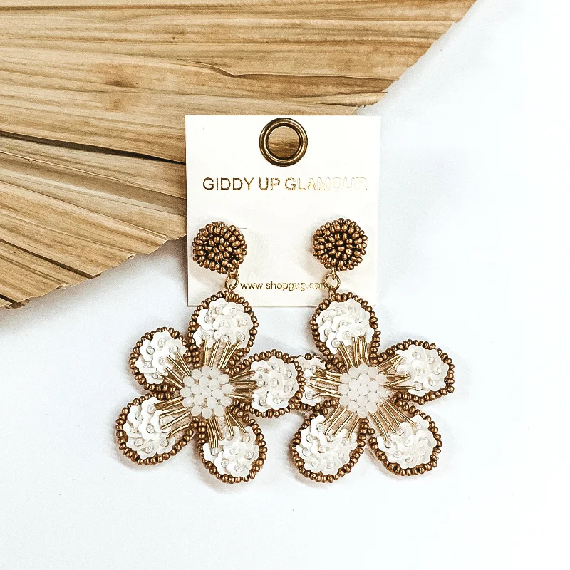 Women’s hoop earrings-Beaded Flower Earrings in White