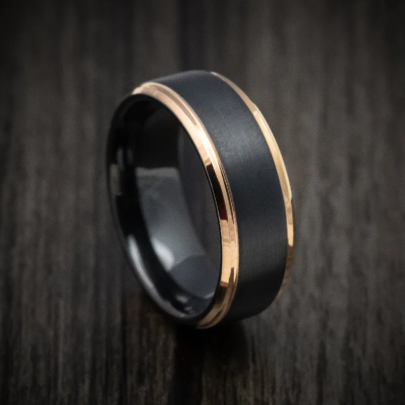 Black Tungsten Men's Ring with Yellow Gold Tungsten Edges Custom Made Band