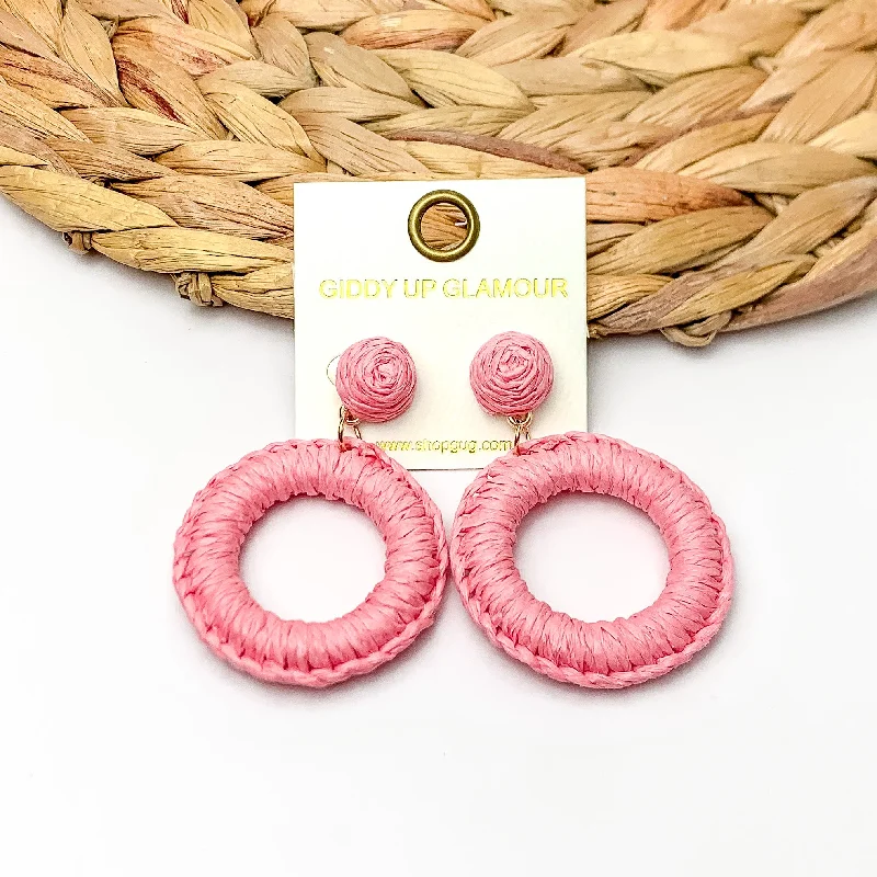 Women’s gold dangly earrings-Beachside Café Raffia Wrapped Circle Earrings in Light Pink