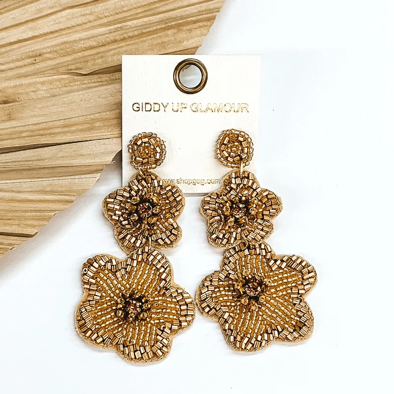 Women’s gold drop earrings-Beaded Two Tiered Flower Earrings in Gold