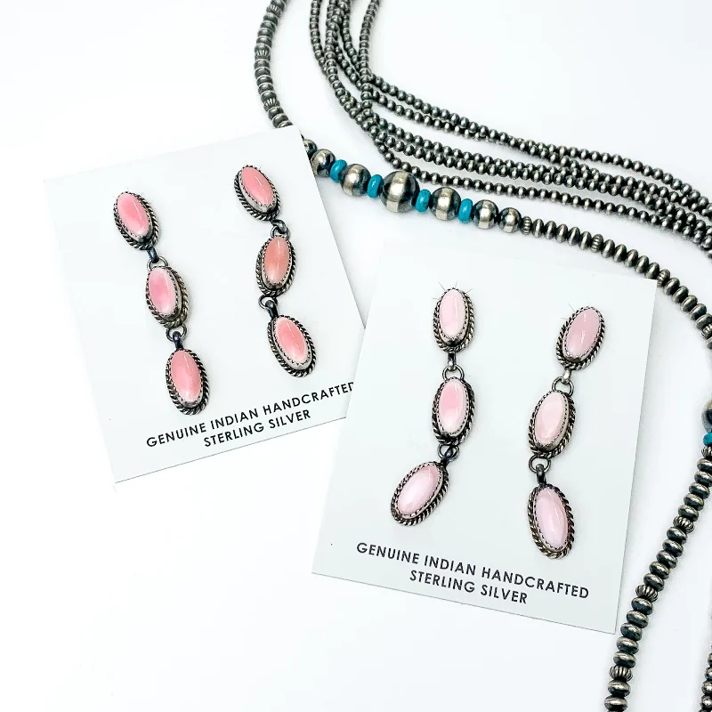 Women’s unique gemstone earrings-Freda Martinez | Navajo Handmade Sterling Silver Oval Drop Earrings with Three Pink Conch Stones