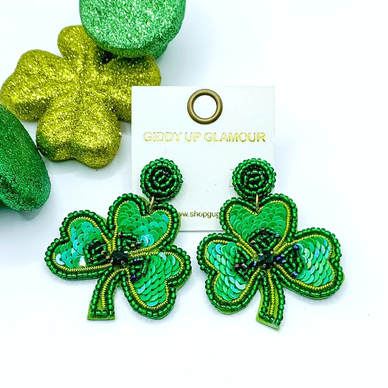 Women’s minimalist earrings-Post Back Beaded Shamrock Earrings in Green